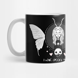 I love spooky things moth skull girl illustration Mug